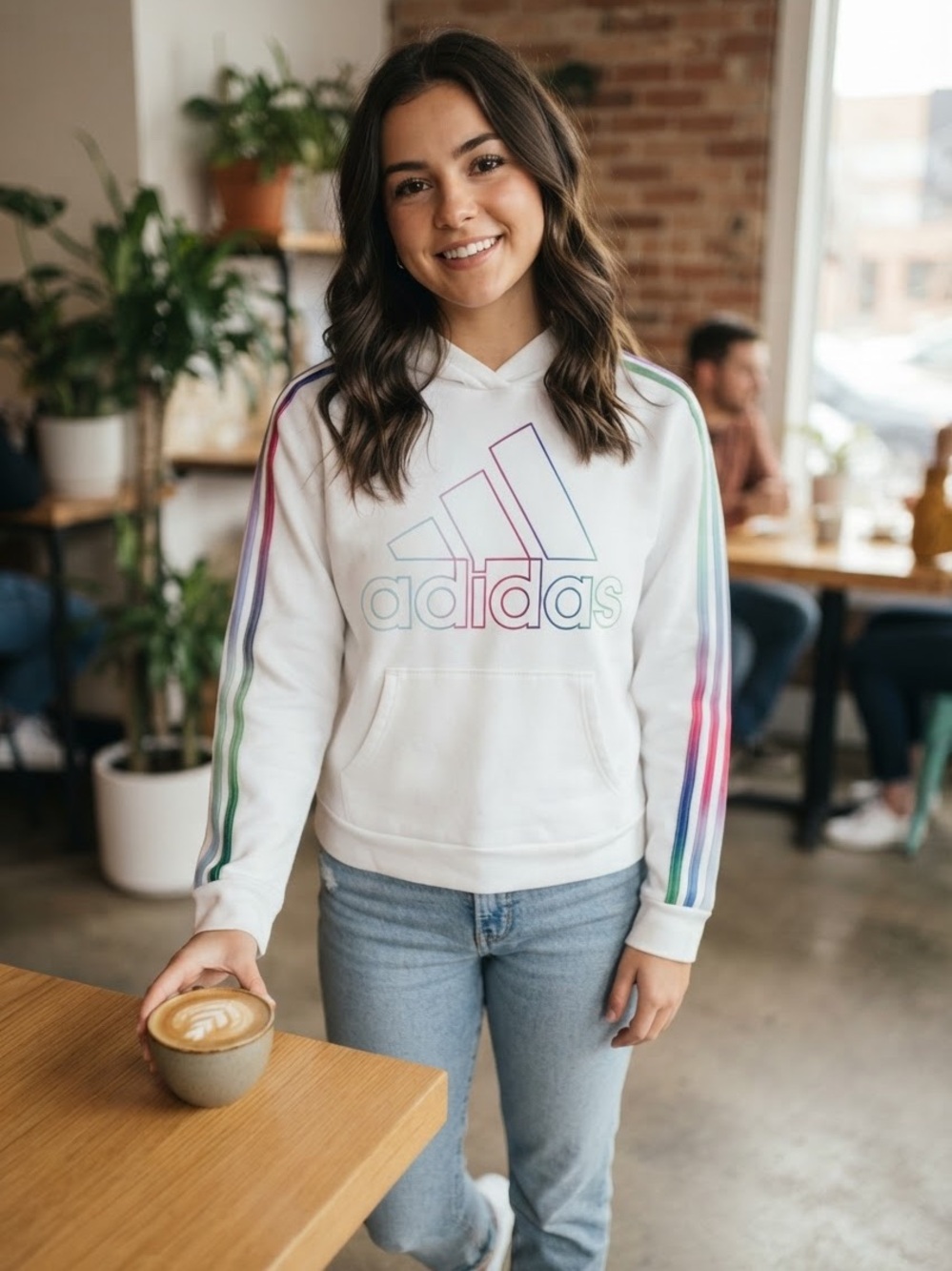 adidas White Hoodie with Trefoil and Multicolor Sleeve Stripes